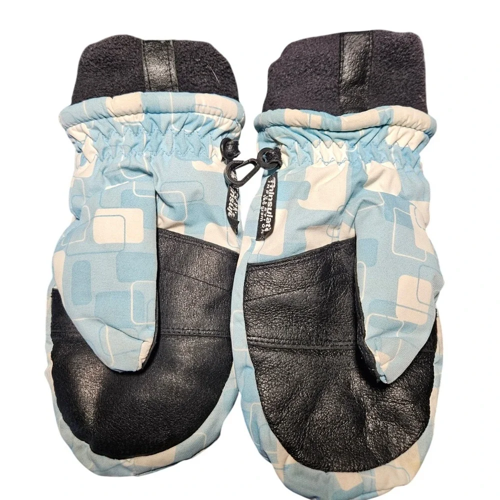 L.L. Bean Thinsulate Leather Palm Winter Mittens Kids Medium Blue DADV8